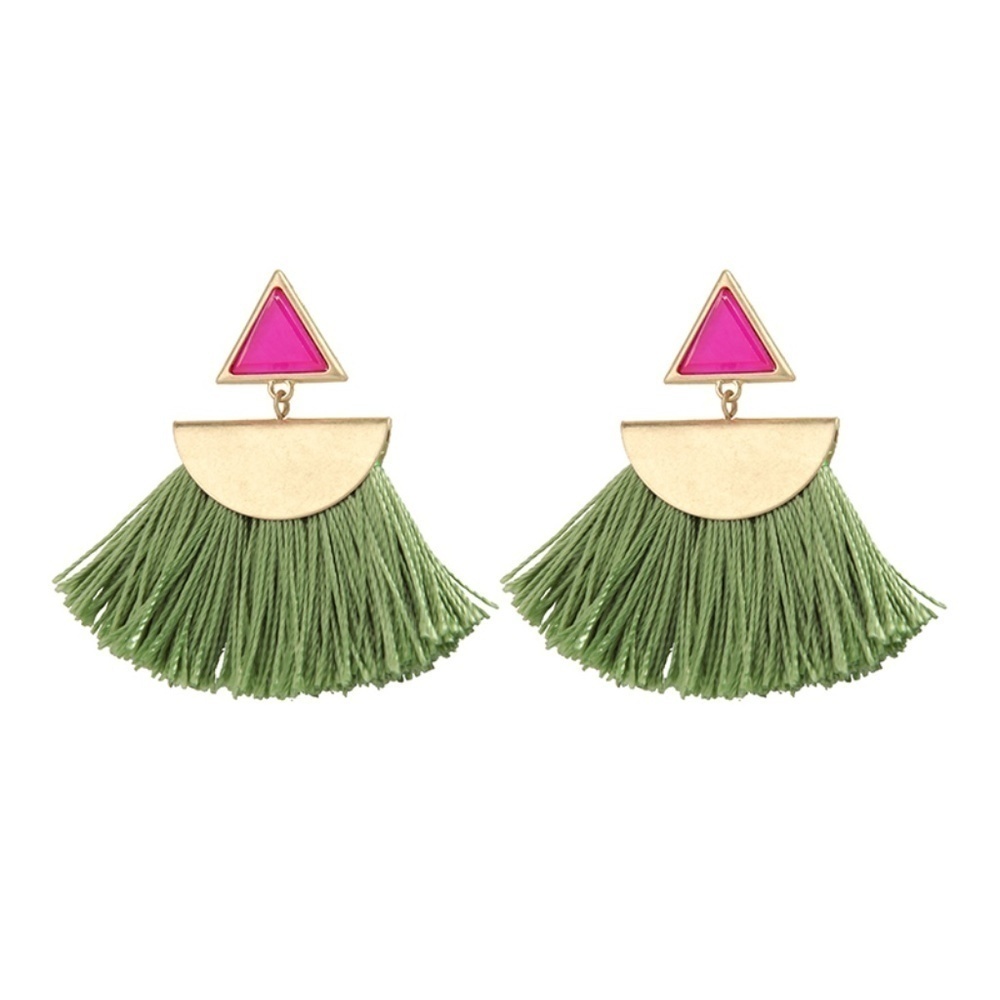 Statement Tassel Earrings – Green Fringe & Pink Triangle Design – Bold Boho